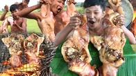 Primitive Technology: Cooking Pig Head Recipe & Eating Delicious! | Primitive Boy