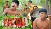 Survival in the rainforest - Pork steam, pork cooking recipe eating in the forest