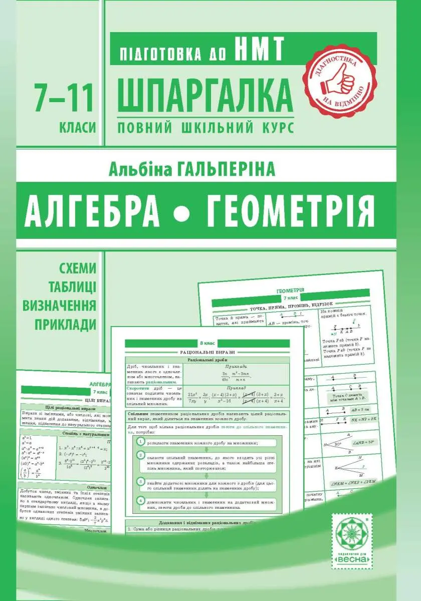 Обкладинка "Шпаргалка. Алгебра. Геометрія. 7-11 класи"
