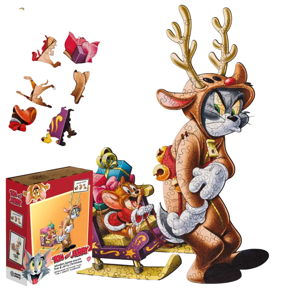 Фігурний дерев'яний пазл Tom & Jerry Різдвяний (XL / А3)