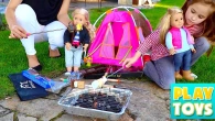 Cute girl playing with Dolls & Grilling Marshmallows smores! Play TOys!