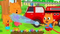 Cats Family in English - Firefighter Watering The Garden Cartoon for Kids