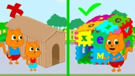 Cats Family in English - Cardboard House vs Rainbow Constructor Cartoon for Kids